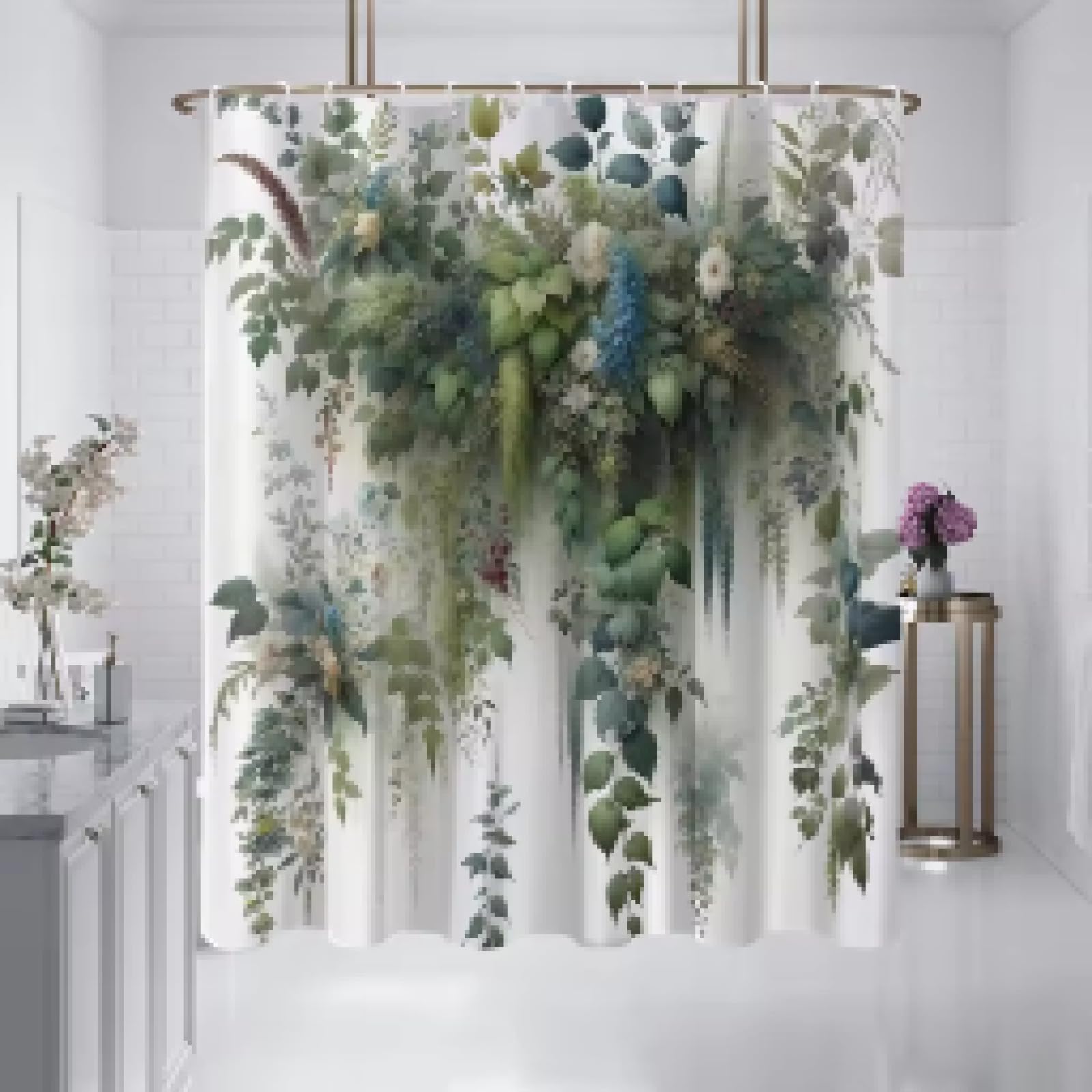 Tenda Doccia LB Con Foglie Verdi E Marroni | 240x175 Cm, Impermeabile E Antimuffa | Poliestere Con Ganci Inclusi | Decorazione Bagno Vintage