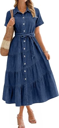 BerryGo Womens Denim Shirt Belted Summer Midi Jean Dress