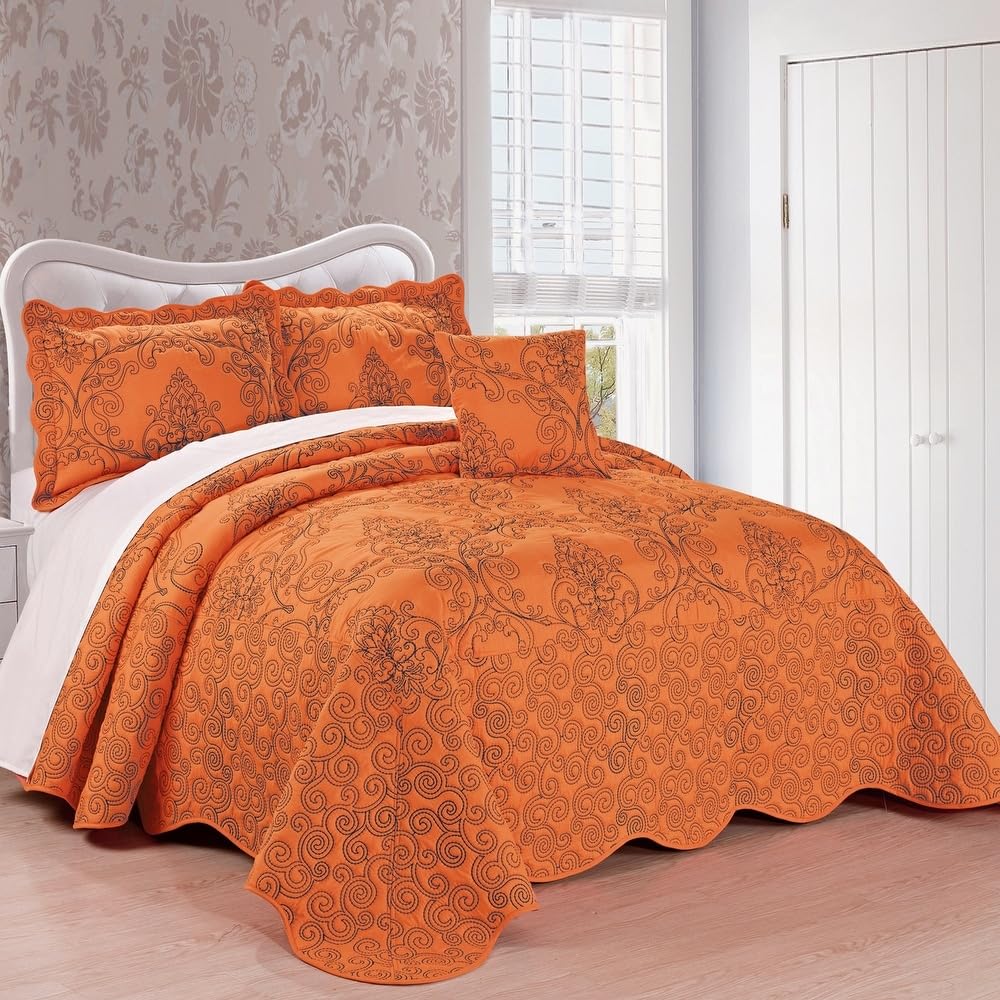 TRP French Country Style 4 Piece Pretty Embroidered Geometric Pattern Oversized King Bedspread | All Seasons Shabby Chic Bedding Burnt Orange Color Designer Aesthetic Look Soft Plush Cozy Feel