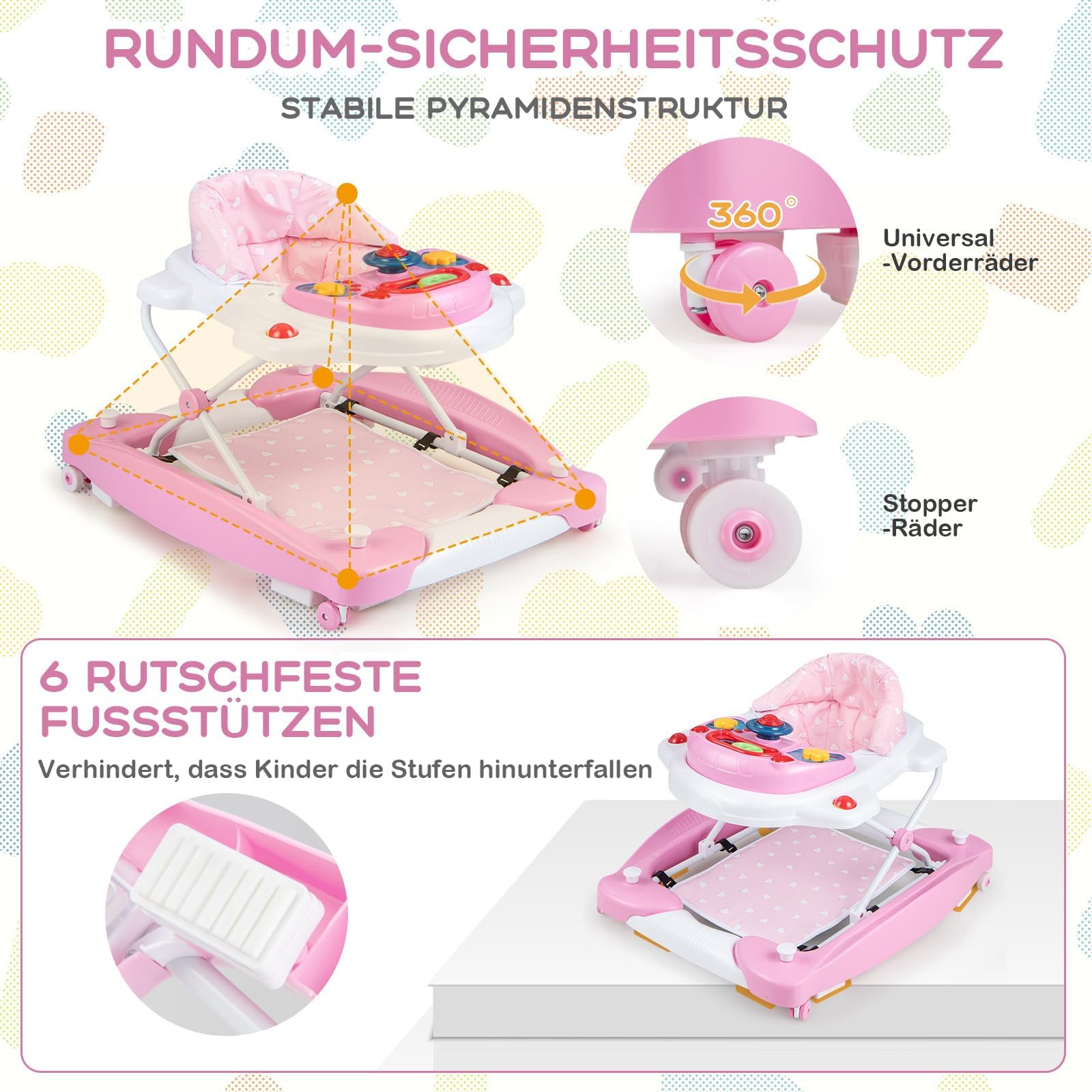 COSTWAY 6 in 1 Lauflernhilfe, Lauflernwagen mit abnehmbarem Spielboard & Fußpolster, Baby Walker höhenverstellbar & klappbar, Laufwagen mit Musik & Licht, Gehfrei baby ab 6 Monaten (Rosa)