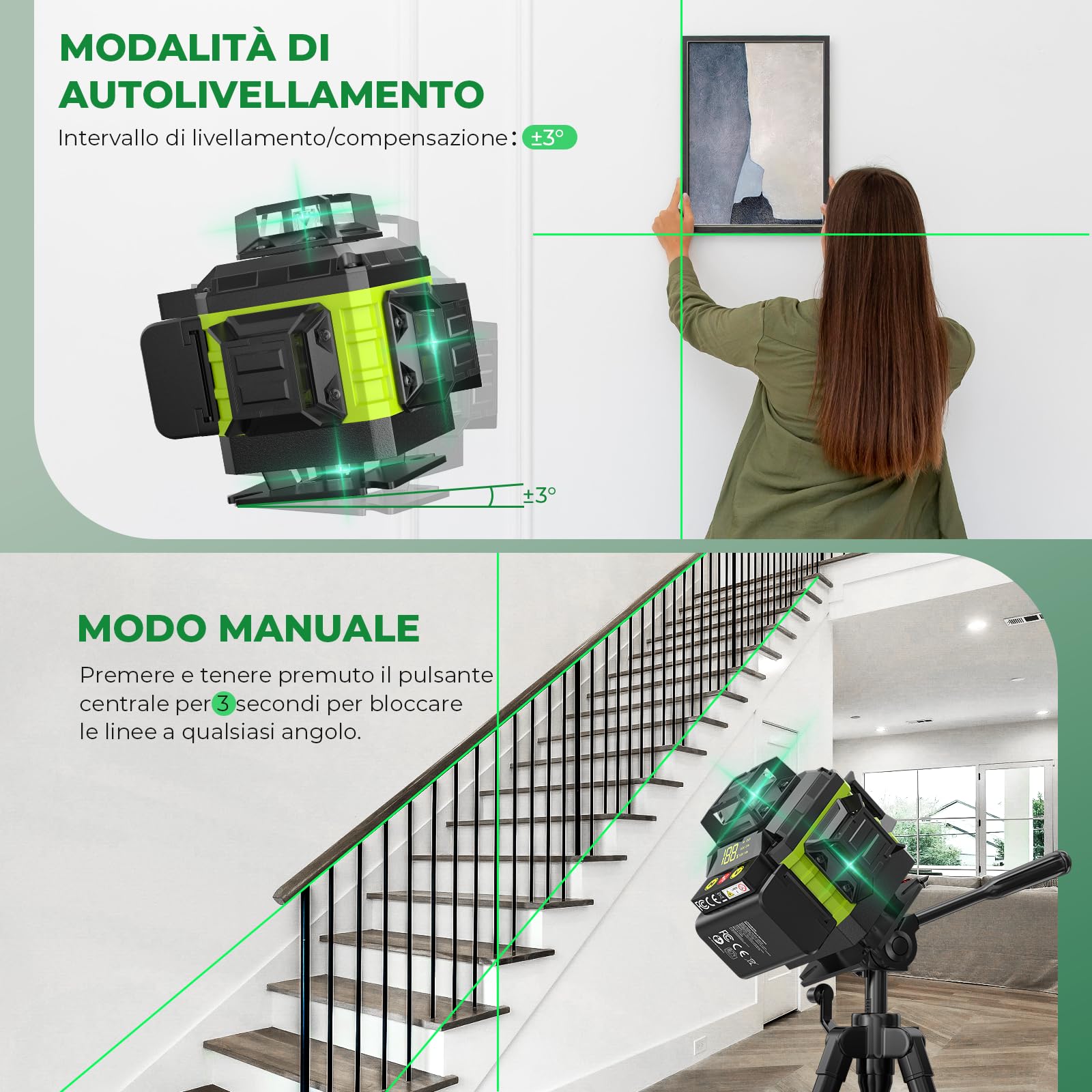 Livella Laser Autolivellante 16 Linee con Treppiede, 4 X 360 °Livello Laser Autolivellante Verde, 2 x Batterie, Autolivellante, Supporto rotante, Telecomando