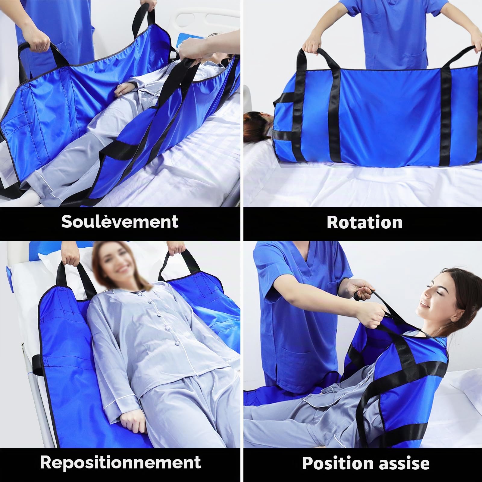 [LOSCHEN] Planche de levage pour patients, planche de transfert avec huit poignées, adaptée aux personnes en surpoids, aux personnes âgées et aux patients devant être transférés (bleu 100*148 cm).