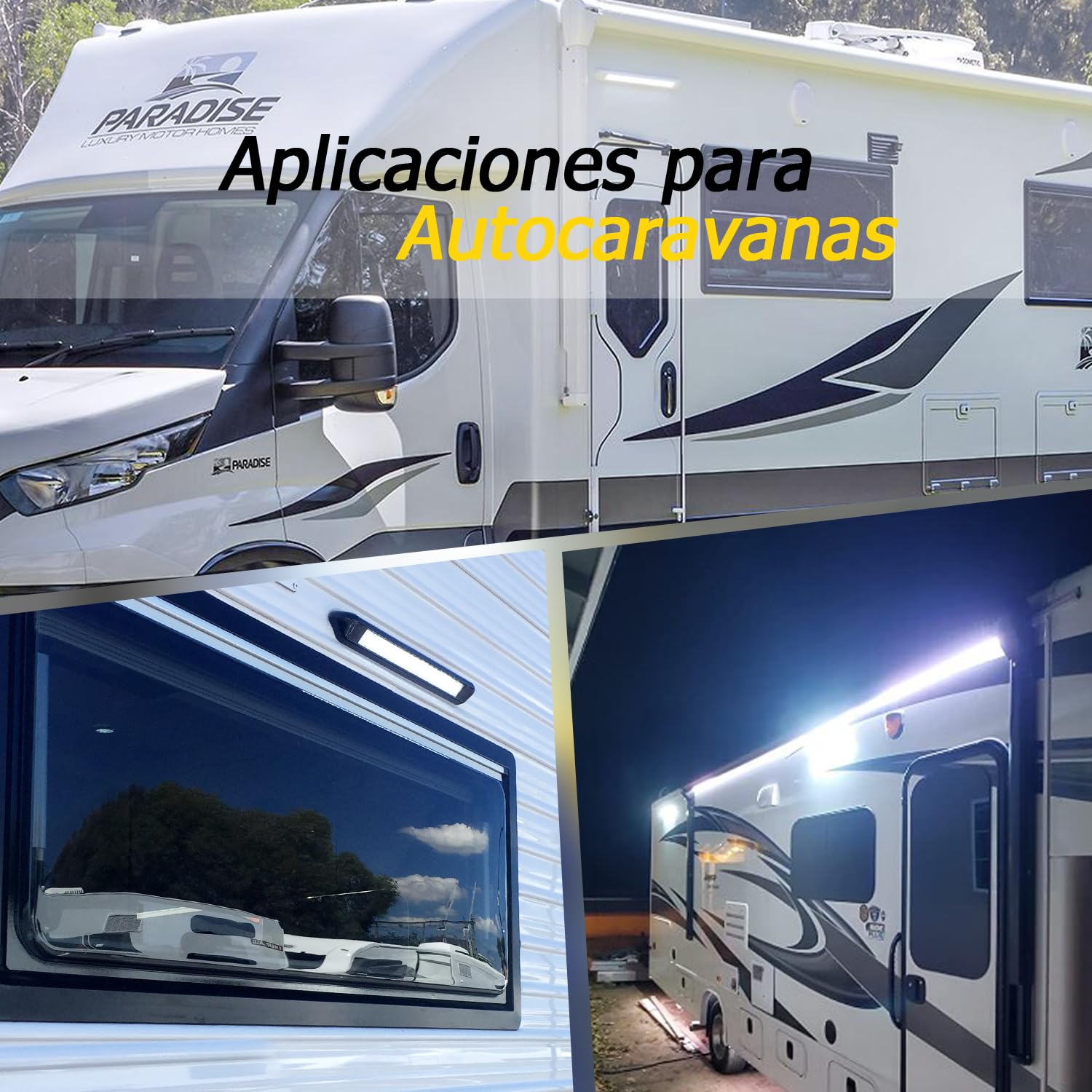 D-lite Iluminación exterior para caravana, luz LED, 12 V, 12 W, luz blanca fría 6000 K, 800 lm, IP66, barra de luz LED de 55 cm, color negro de aluminio, para exteriores, autocaravanas, caravanas