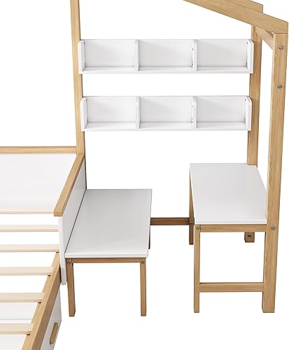 Miniatura 231 de Cama de casa de tamaño individual con 2 cajones, marco de cama de madera y barandilla de seguridad. Ahorra espacio, ideal para el dormitorio de un