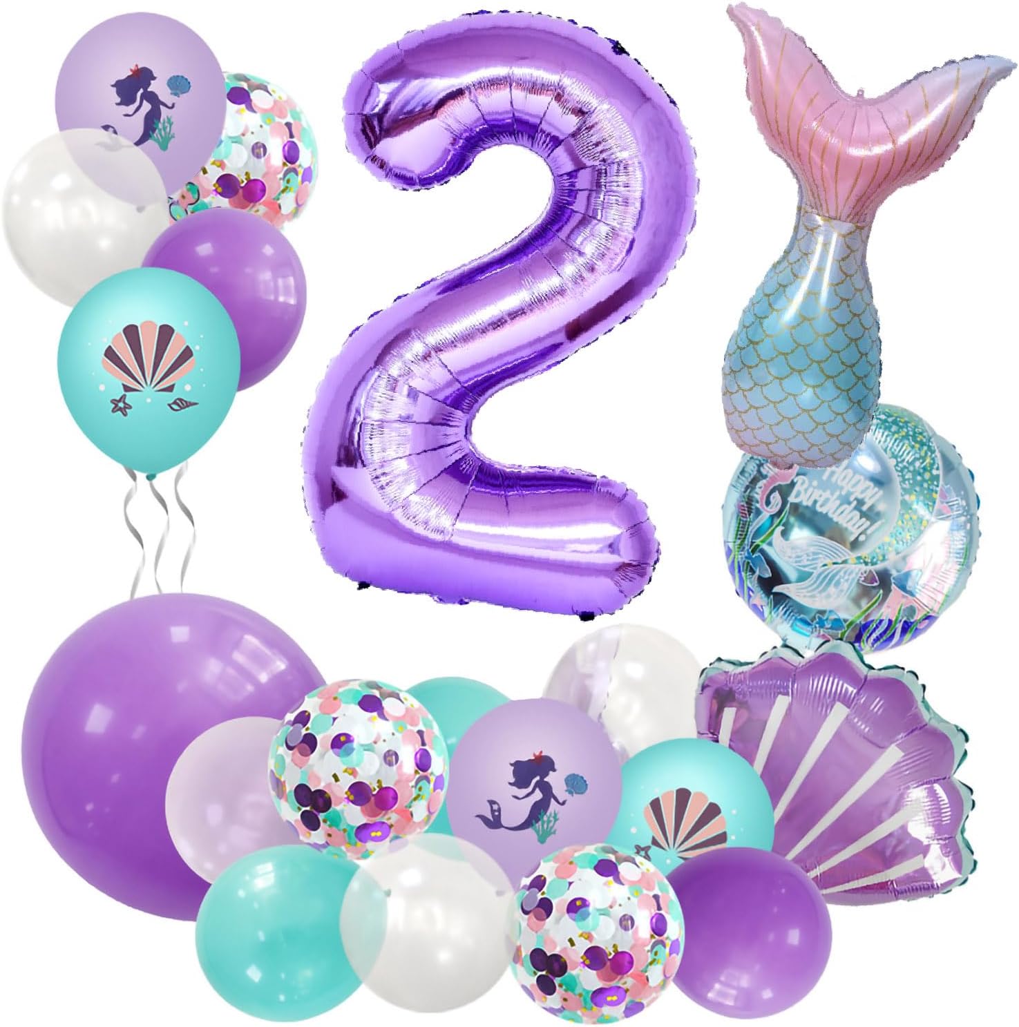BearFun 40 inch Purple Number 2 Balloon, Mermaid Birthday Party Balloons, 20 Pieces, Girls, Unisex, 2nd Birthday