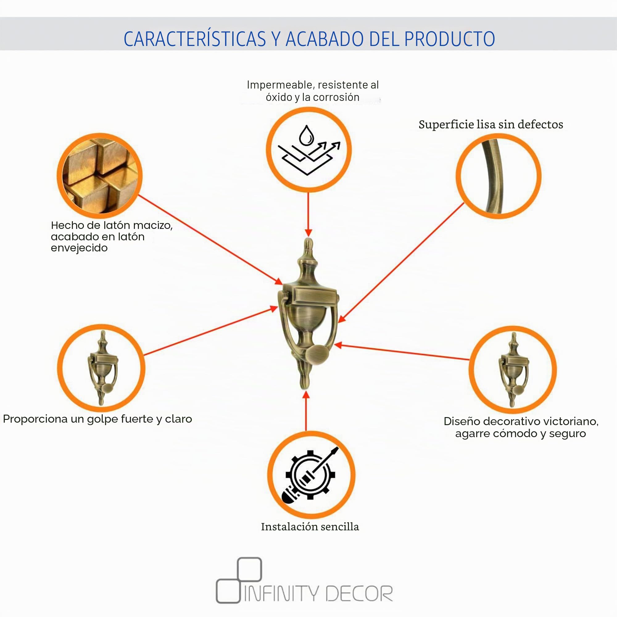 Infinity Decor Aldaba de puerta estilo victoriano de latón macizo de 6 pulgadas en acabado de latón antiguo, aldaba de mano de alta calidad para muebles de puerta delantera de entrada