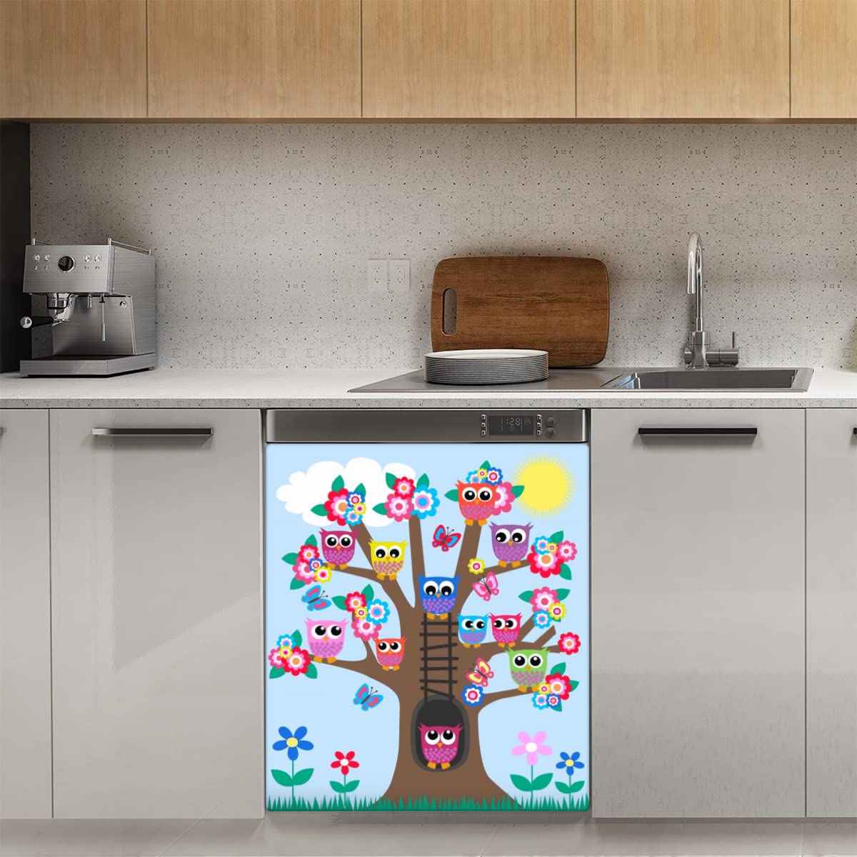 Copertura magnetica per lavastoviglie, albero di gufi, decorazione magnetica per frigorifero e cucina, 58,4 x 66 cm