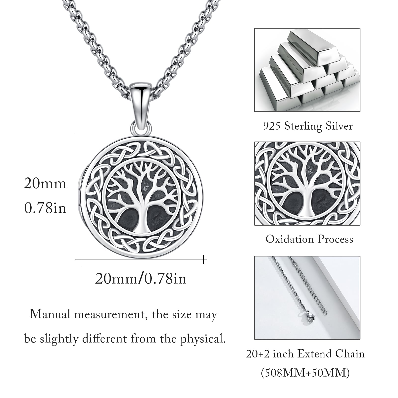 CUOKA MIRACLE Medalion łańcuszek na szyję ze srebra wysokiej próby 925, drzewo życia, wisiorek na łańcuszku, oksydowane drzewo życia, amulet rodziny, dla kobiet, dziewcząt, matki