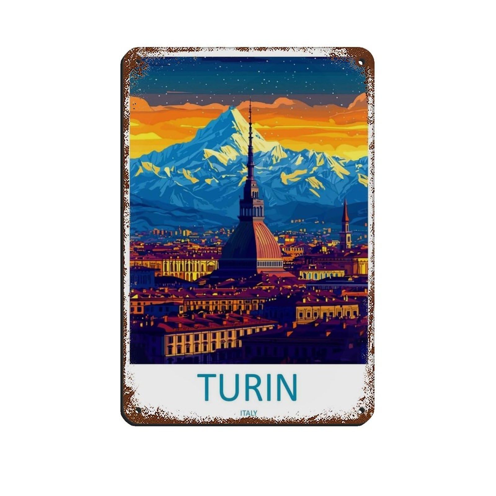 Turin Travel Italy Art Cityscape Poster Tin Sign Vintage Metal Pub Club Cafe Bar Home Wall Art Decoration Poster Retro 8x12inch(20x30cm)