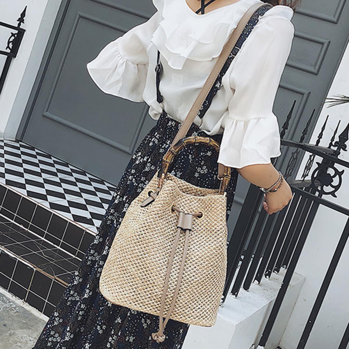ifundom Borsa Secchiello Intrecciata in Lino e Poliestere, Khaki | Tracolla Crossbody Intrecciata, Chiusura a Coulisse, Stile Semplice e Generoso