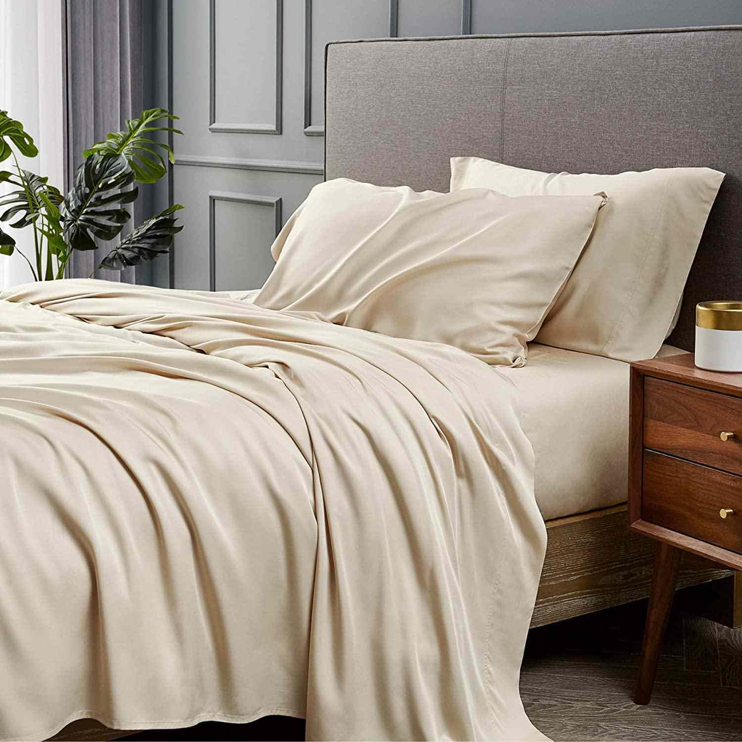 Waterlily 100% Eucalyptus Tencel Lyocell Bedding Set 4 pcs Duvet Cover Flat Sheet Pillowcases Double King Size Vegan Silk Organic Natural Softer than Bamboo Luxury Bed Linen (Champagne