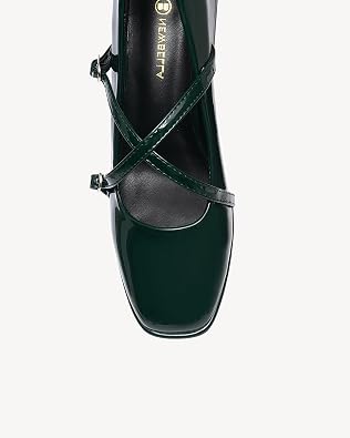 NEWBELLA Women's Retro Mary Janes - Patent Leather Chunky Heel Pumps with Cross Strap & Square Toe, Comfortable French Style Dress Shoes for Work & Daily Wear