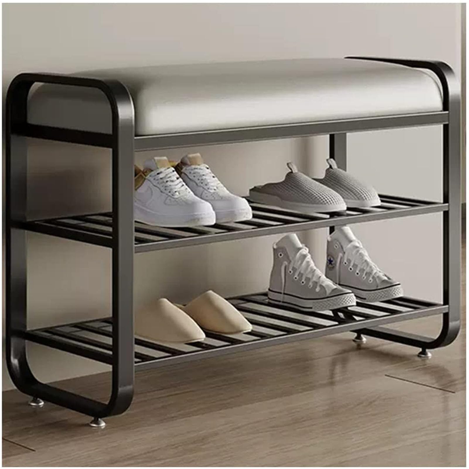 MYUYEE Shoe Storage Bench 2-Tier Entryway Shoe Storage Orga Shelf Shoe Rack Bench With Padded Seat For Hallway Front Door(Black-60 * 32 * 52Cm)