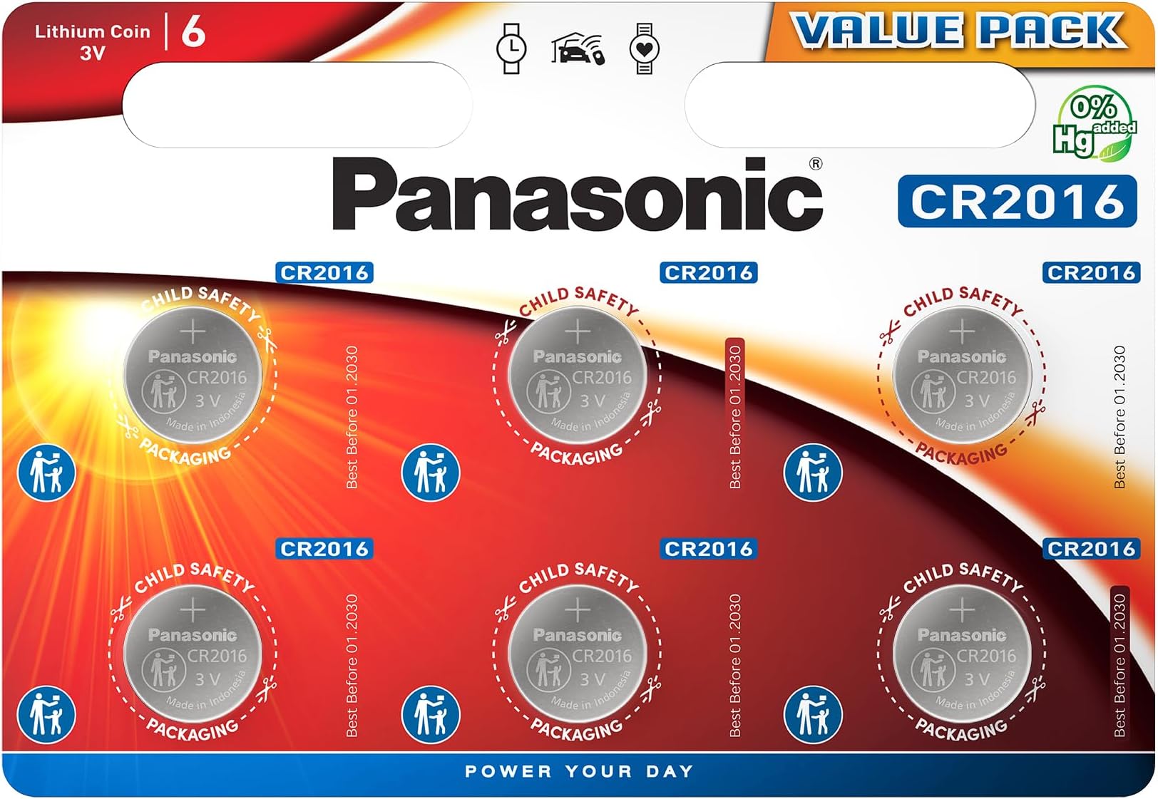 Panasonic CR2016 non-rechargeable battery (Lithium, Stainless steel) pack of 6