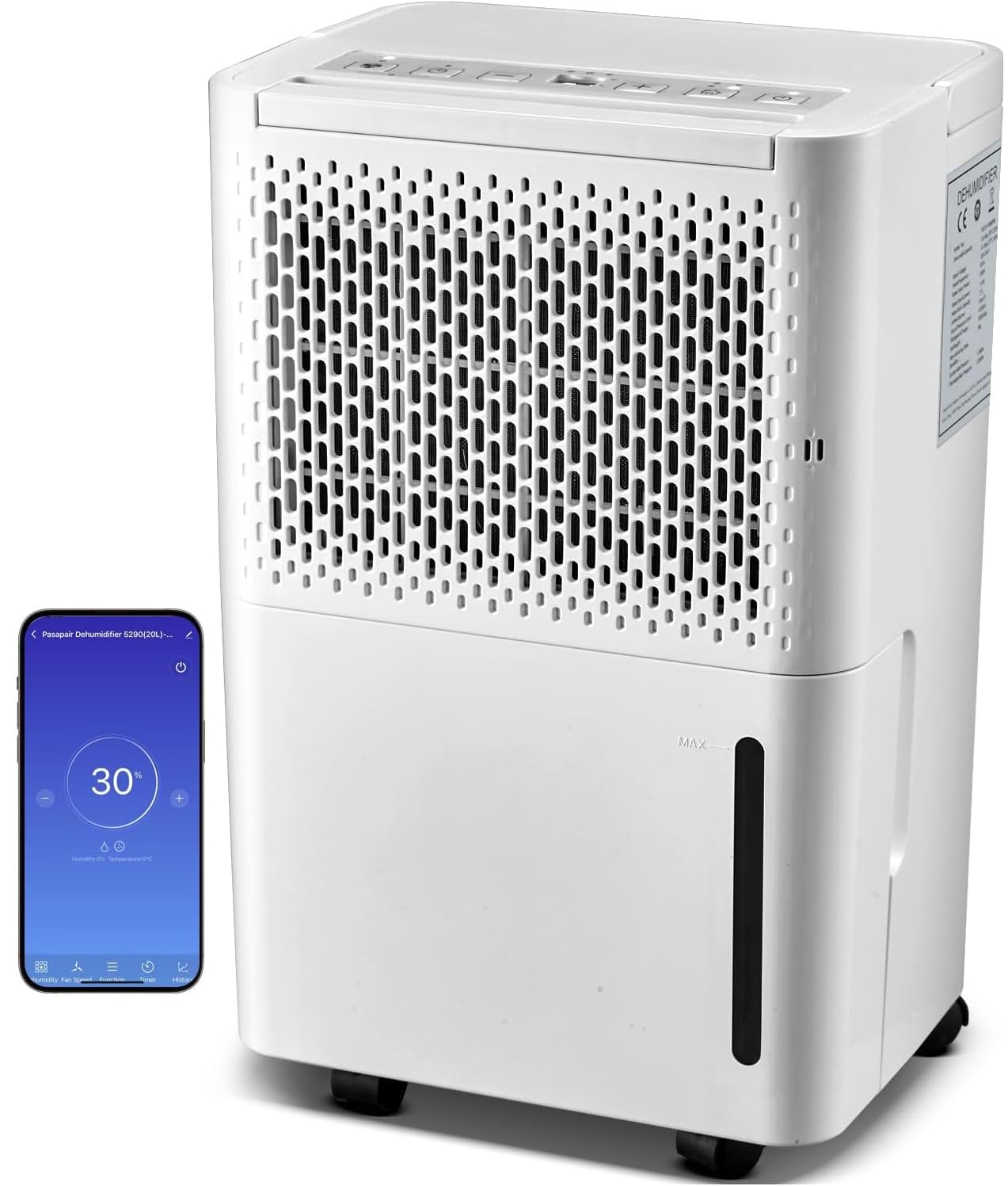 pasapair Dehumidifier-12L in 24h Dehumidification Performance - Electric Dehumidifier for Rooms up to 120 m³ (~20 m²) with 3 Operating Modes, Digital Display, Drain Hose, Timer Against Moisture