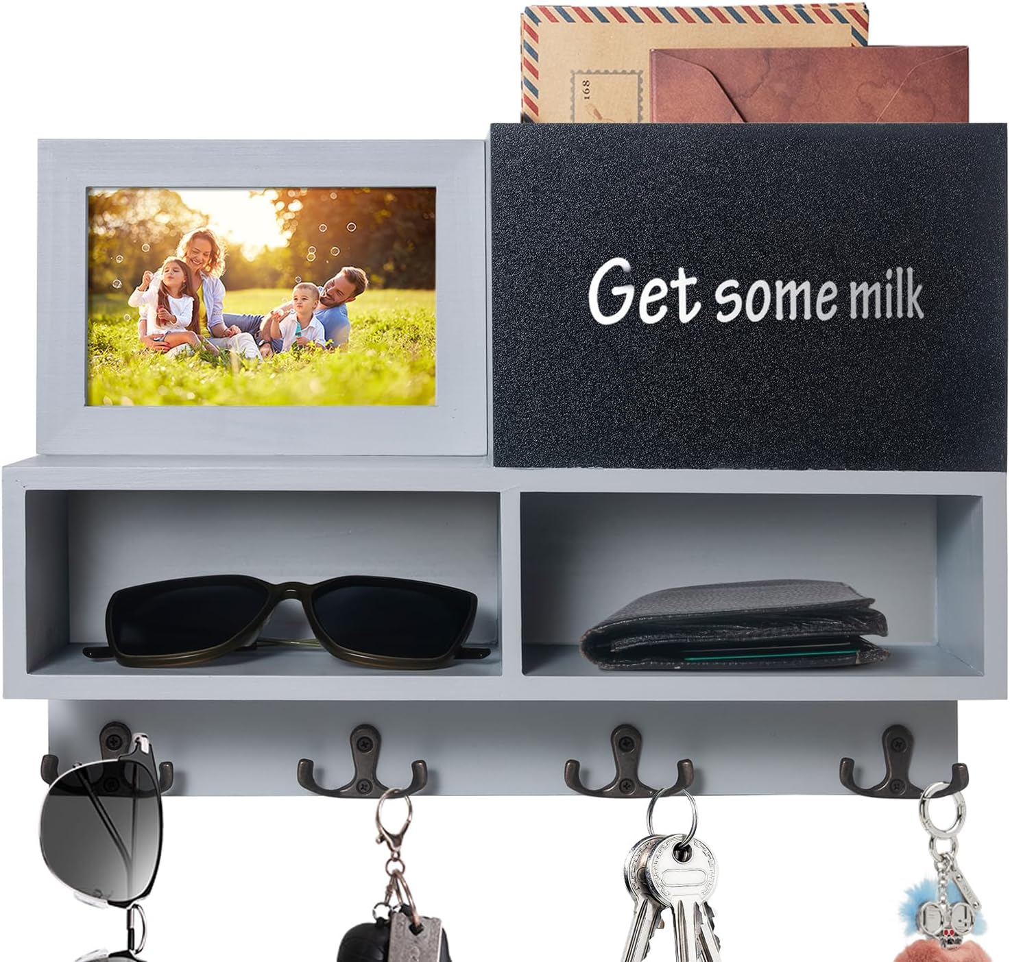 Wall Key and Mail Holder with Chalkboard & Magnetic Photo Frame, Grey