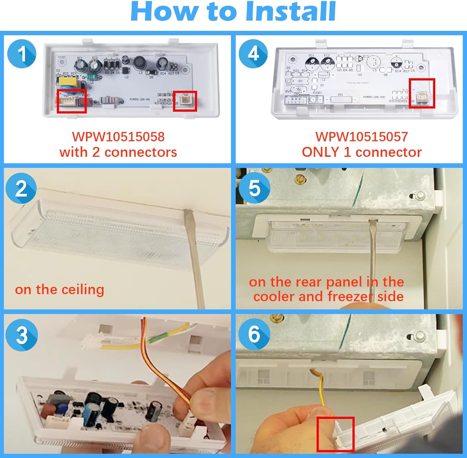 WRS325DFAM02 WRS325FDAB06 WRS322FDAM04 Refrigerator Lighting Set - 1 Pack on The Ceiling and 2 Pack in Freezer Side Refrigerator LED Lights Fit for Whirl-Pool WRS322FNAM01 WRS325FDAM02 WRS325FDAW04