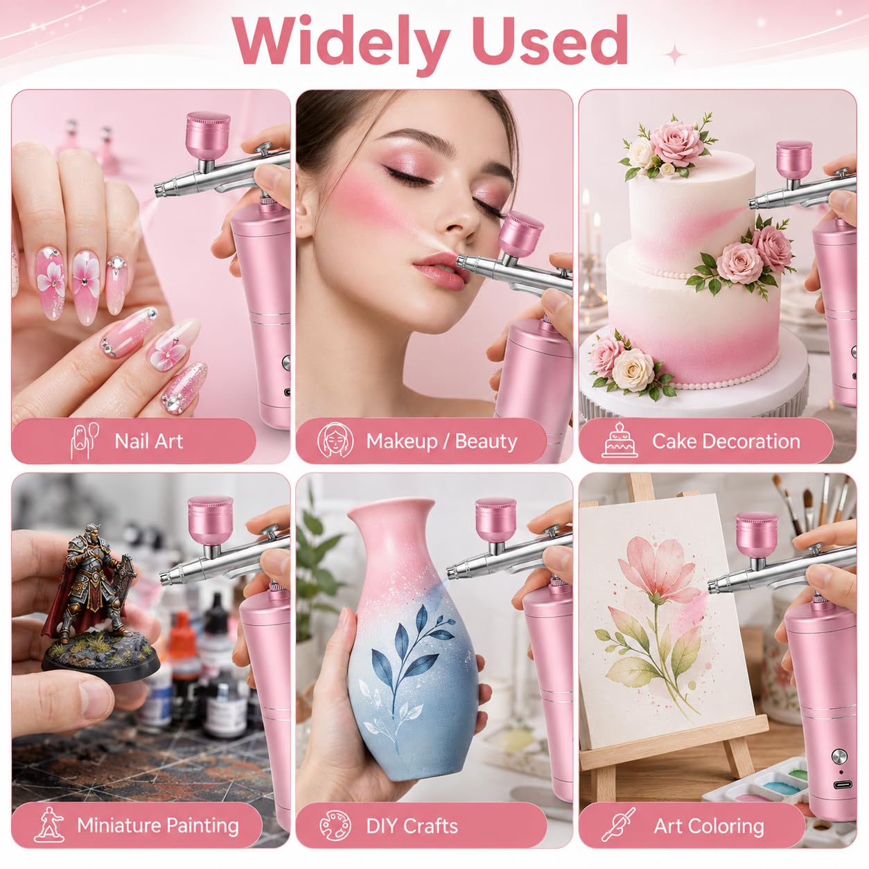 Kit Aerografo con Compressore, Professionale Aerografo Unghie, Aerografos per Modellismo, Pittura Artistica, Decorazione di Torte, Trucco, Idratazione di Bellezza (Rosa)