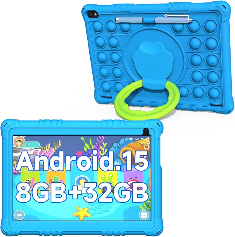 Android 15 Kids Tablet, 10 inch Tablets for Kids, 8GB RAM 32GB ROM 1TB Expand, Toddler Tablet with Parental Control, IPS Screen, Dual Camera, Educational, Games, Shockproof Case for Boys, Blue