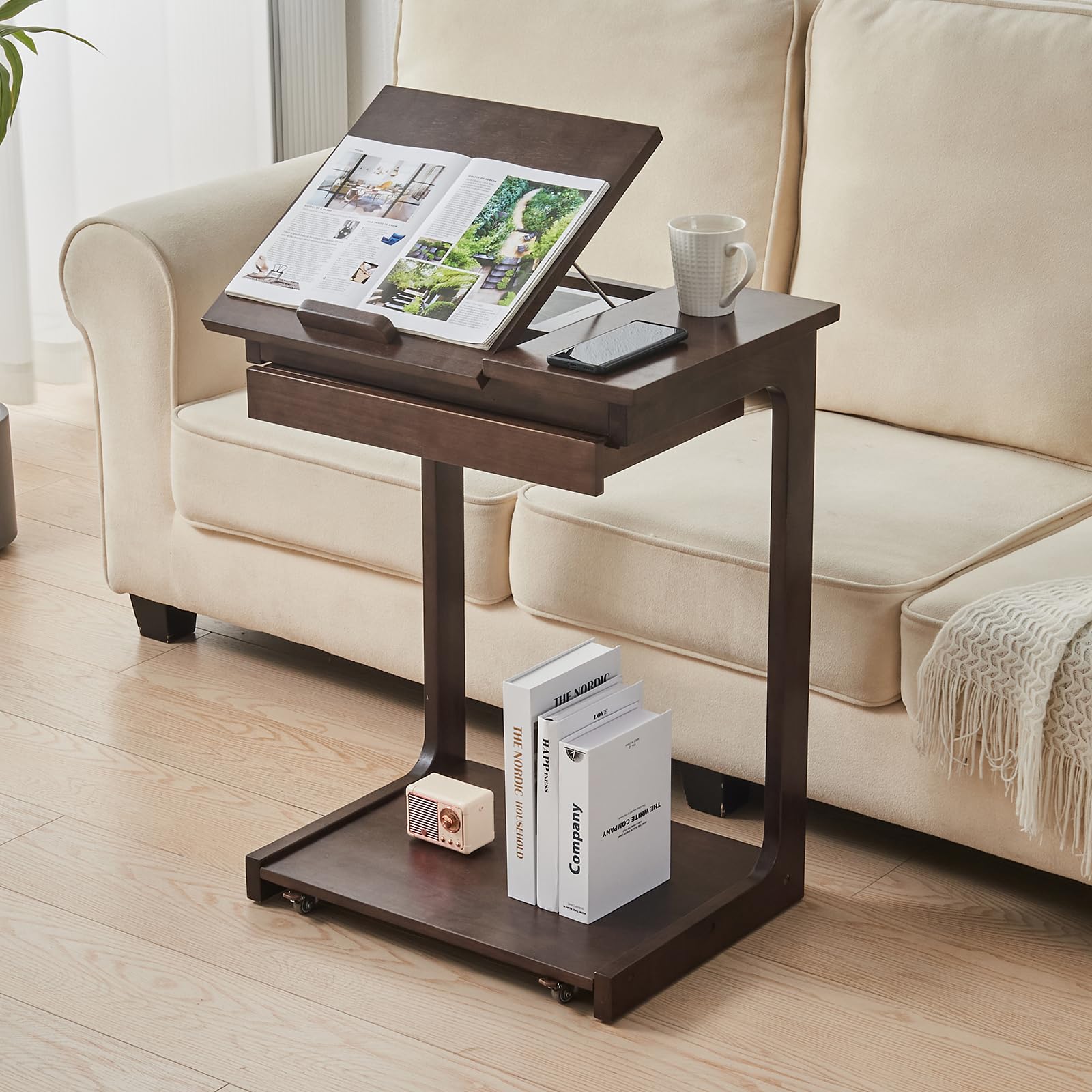 Uniclinens C Shaped End Table for Couch, Rolling Side Table with Wheels Adjustable, Solid Wood TV Sofa Arm Eating Tray Table for Multi-Purpose, Small Coffee Table Living Room Bedroom, Walnut