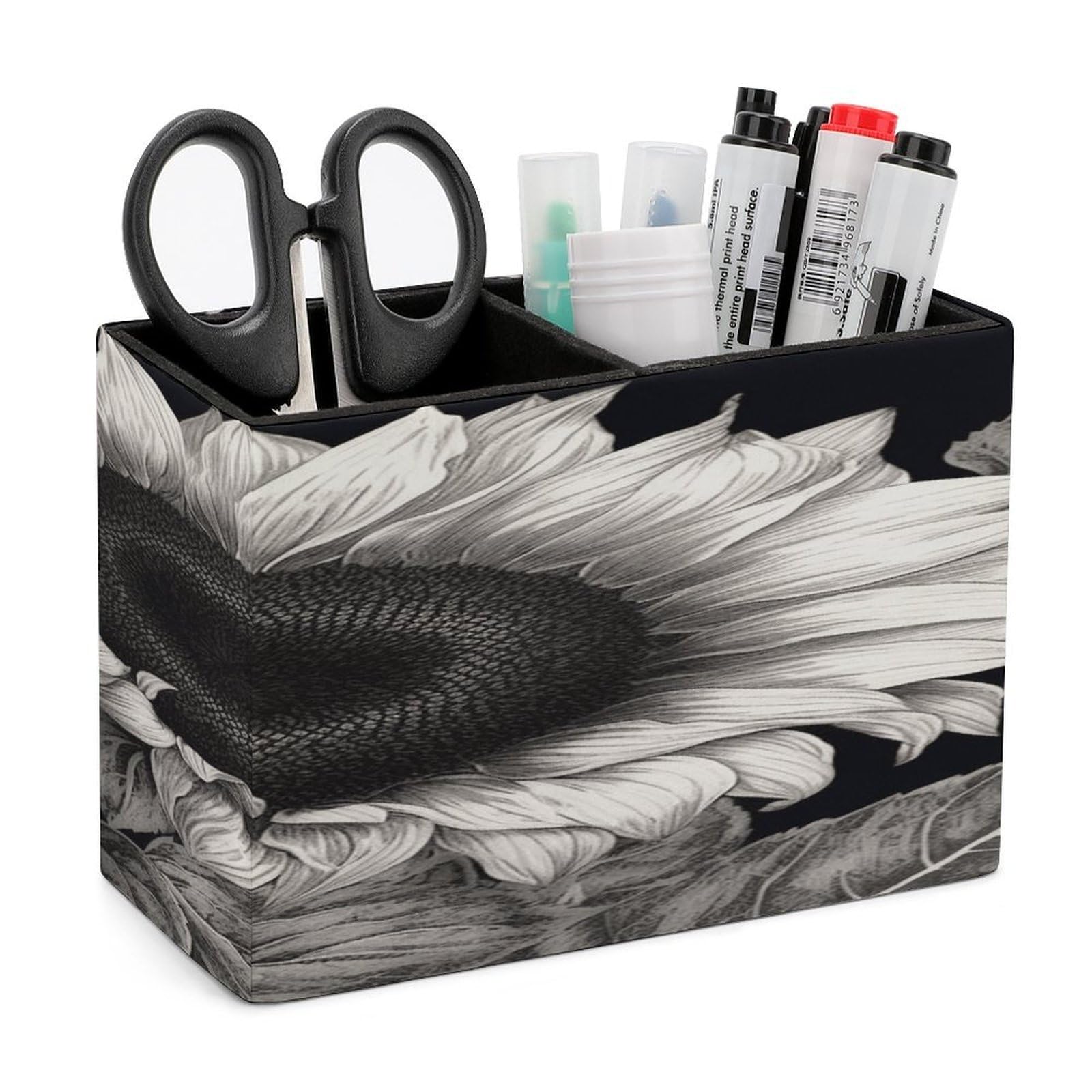 VstaDank Sunflower Black Grey Pencil Holder for Desk Organizer 2 Compartments Pen Cup Leather Square Pen Holder Pencil Cup Stand Makeup Brush Holders for Desktop Organizer Storage Case