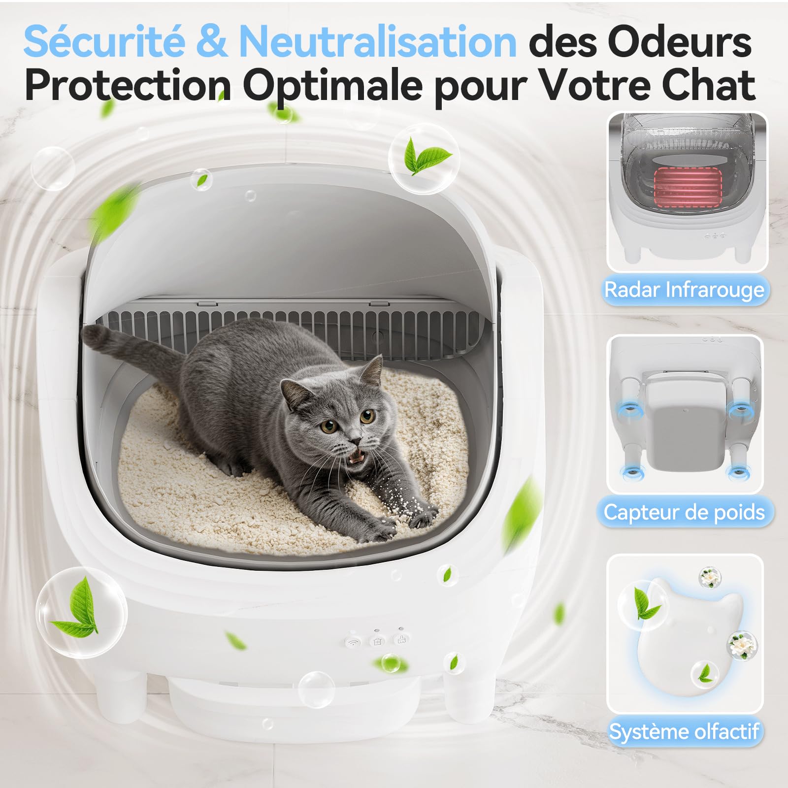 Lettiera Gatto Autopulente aperta, controllabile via APP. Formato XXL, dotata di serbatoio rifiuti da 12L per un ciclo di autopulizia di 15 giorni, Lettiera Autopulente per Gatti per più gatti.