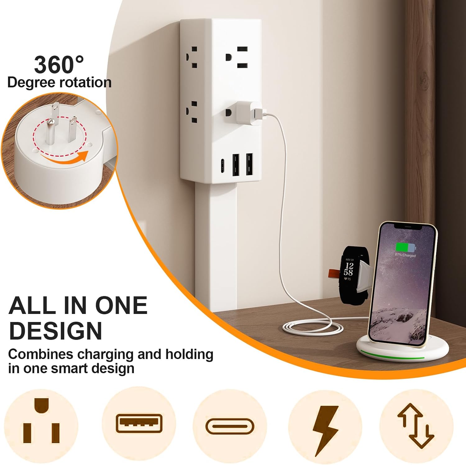 Electrical Outlet Extender Stick, 360° Rotating Outlet Extender, Power Strip with 6 Outlets & 3 USB Ports, Use Behind Couches,Nightstands,Desks,More