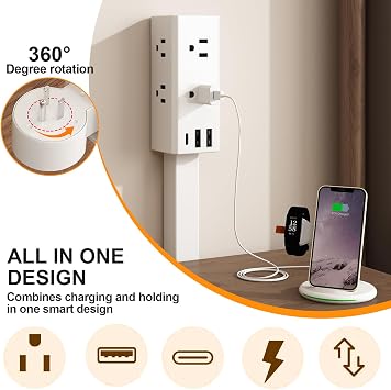 Electrical Outlet Extender Stick, 360 Rotating Outlet Extender, Power Strip with 6 Outlets & 3 USB Ports, Use Behind Couches,Nightstands,Desks,More