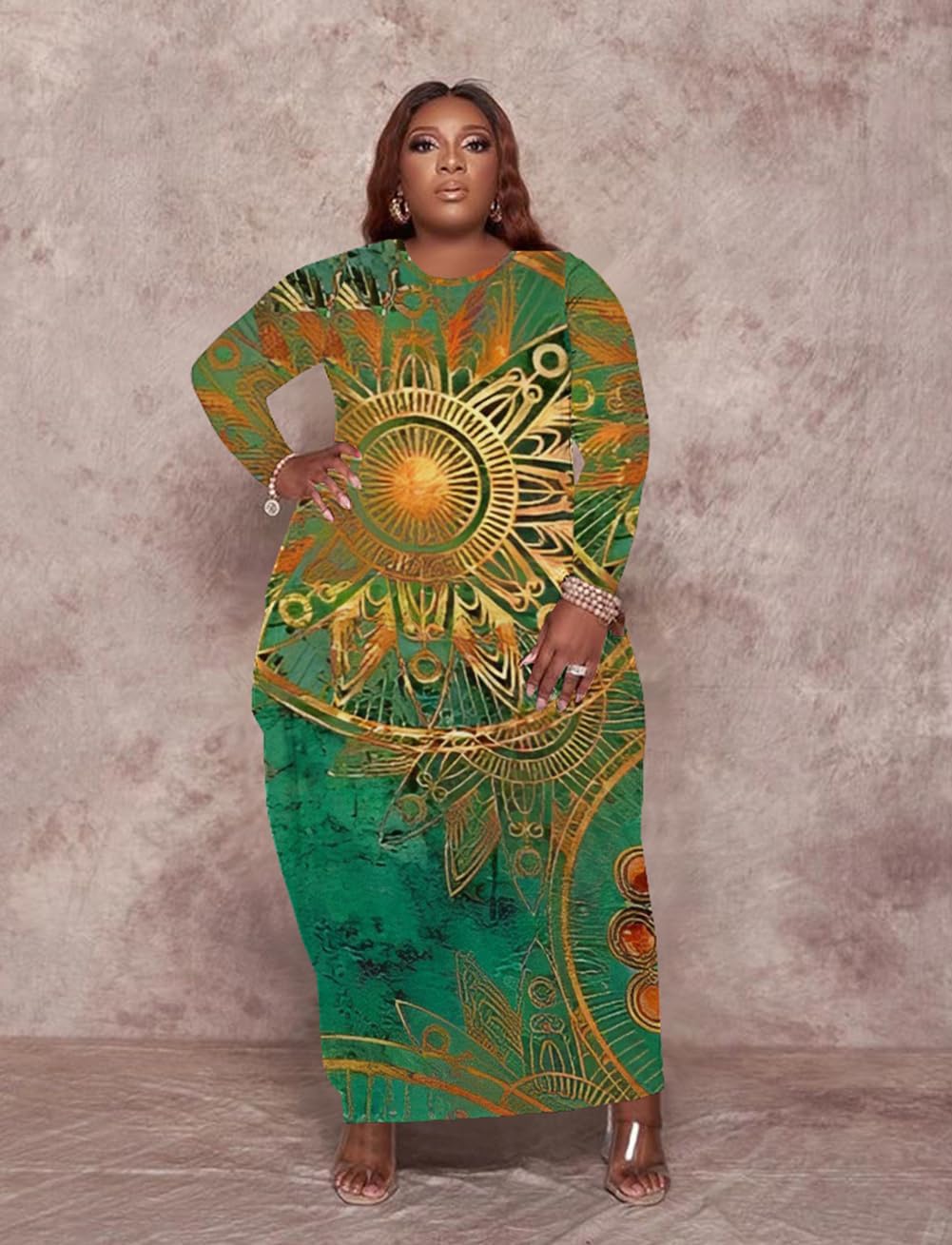 Women’s Casual Loose Plus Size Maxi Dress Graphic Print Long Sleeve Baggy Long T-Shirt Tunic Dress with Pockets - Image 5