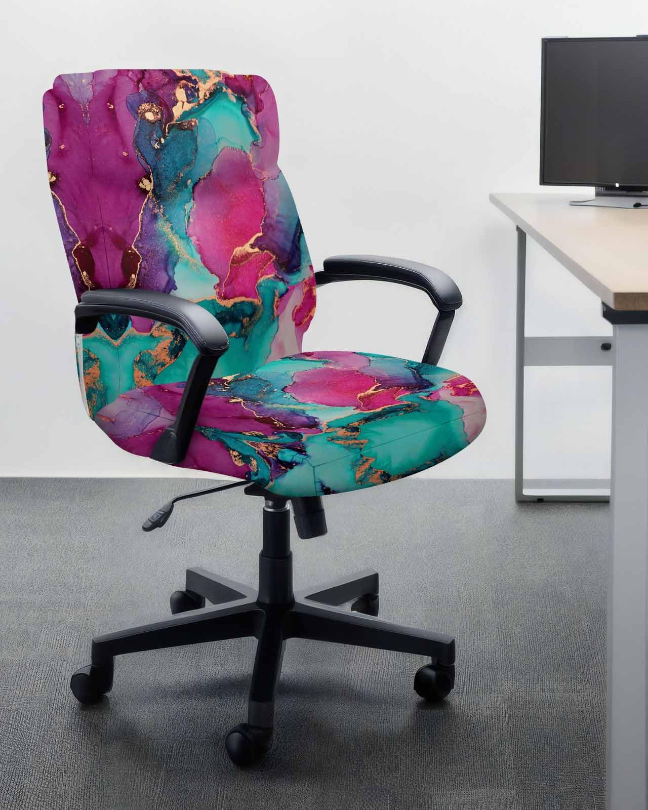 QueenKer Office Chair Cover, Pink Turquoise Gold Marble Abstract Modern Universal Stretchable Computer Chair Cover wirh Zipper Soft Removable Desk Chair Slipcovers (Large)