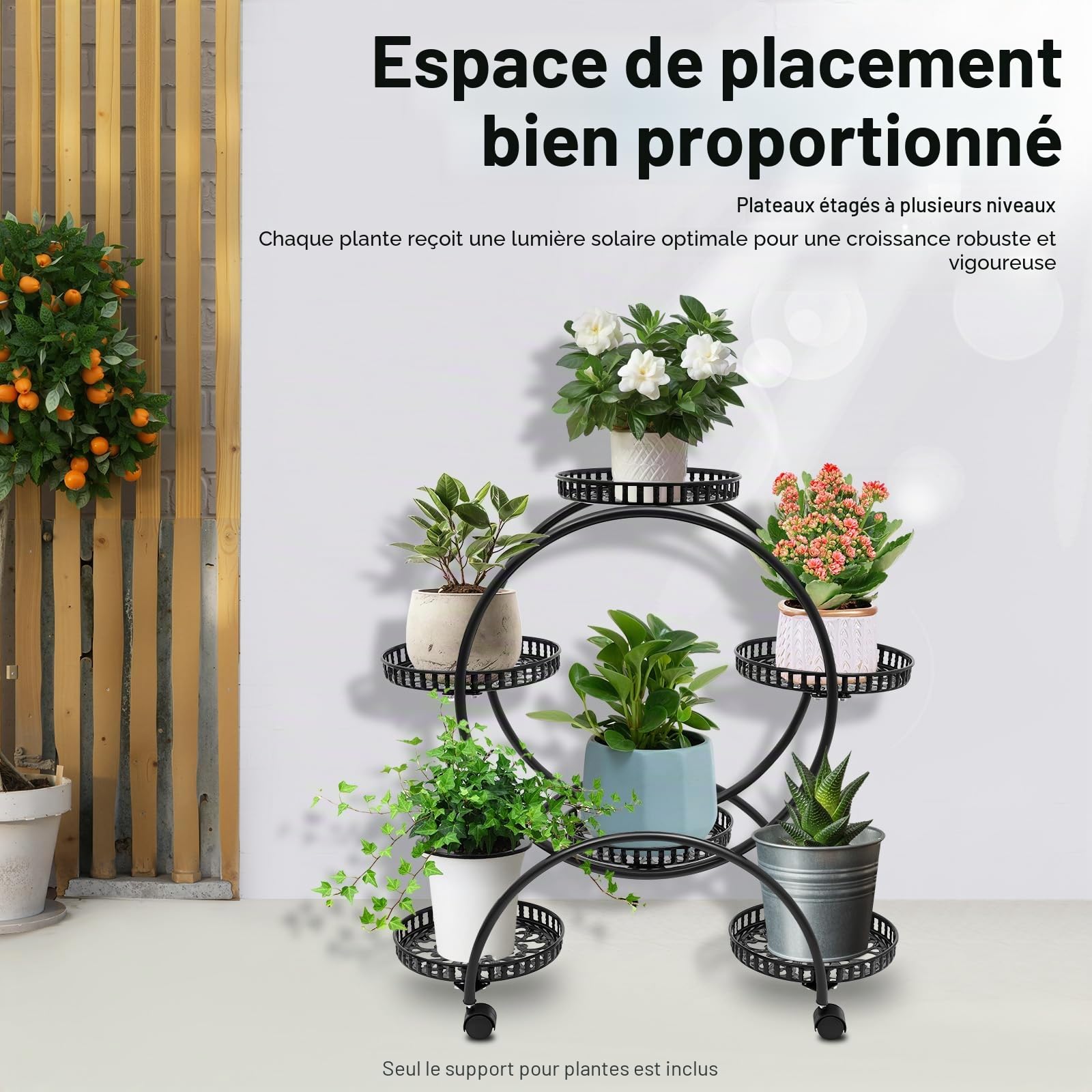 Support pour plantes à 4 niveaux et 6 pots de fleurs en métal avec roulettes, étagère pour plantes d'intérieur et d'extérieur pour salon, jardin et balcon