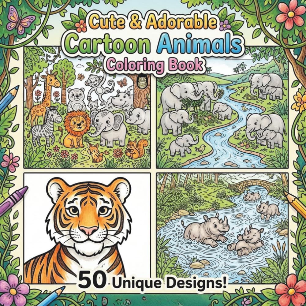 Cute and Adorable Animal Coloring Book | Ages 4+ through adults| 50 Unique Designs