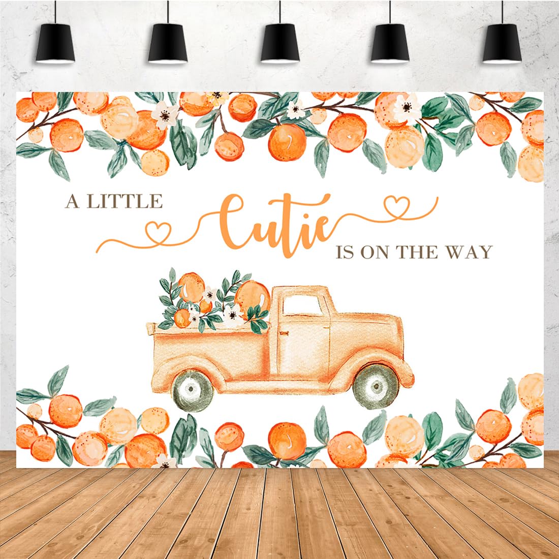 Aperturee 7x5ft Cute Cuties Baby Shower Backdrop Orange and Truck Photography Background for Party Decorations Green Leaves a Little Cutie is On The Way Banner Photo Booth Props
