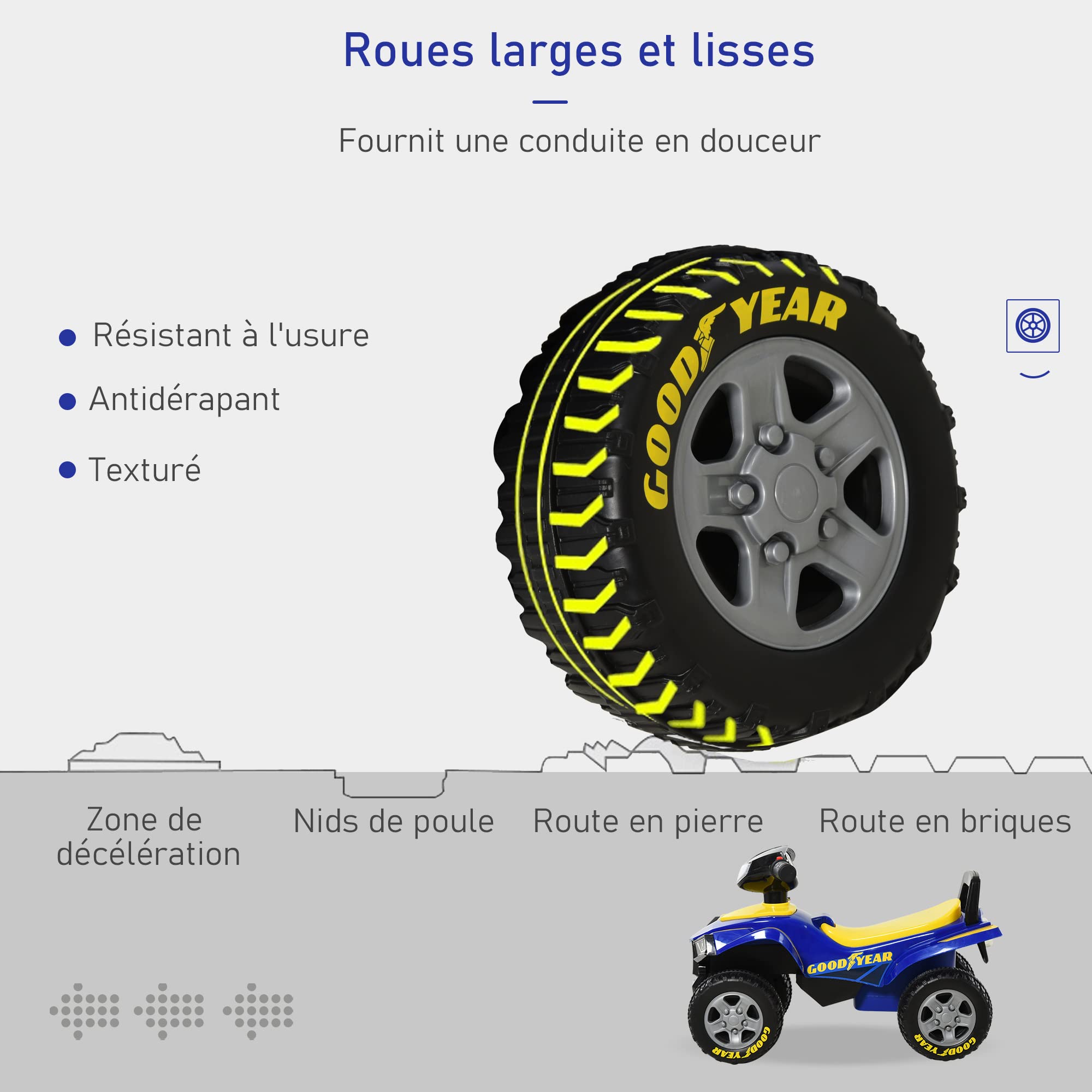 HOMCOM Nosidełko dla dzieci Quad 18-36 Miesięcy Niedz. 60L x 31l x 42H cm Efekty świetlne i dźwiękowe Niebieski Żółty