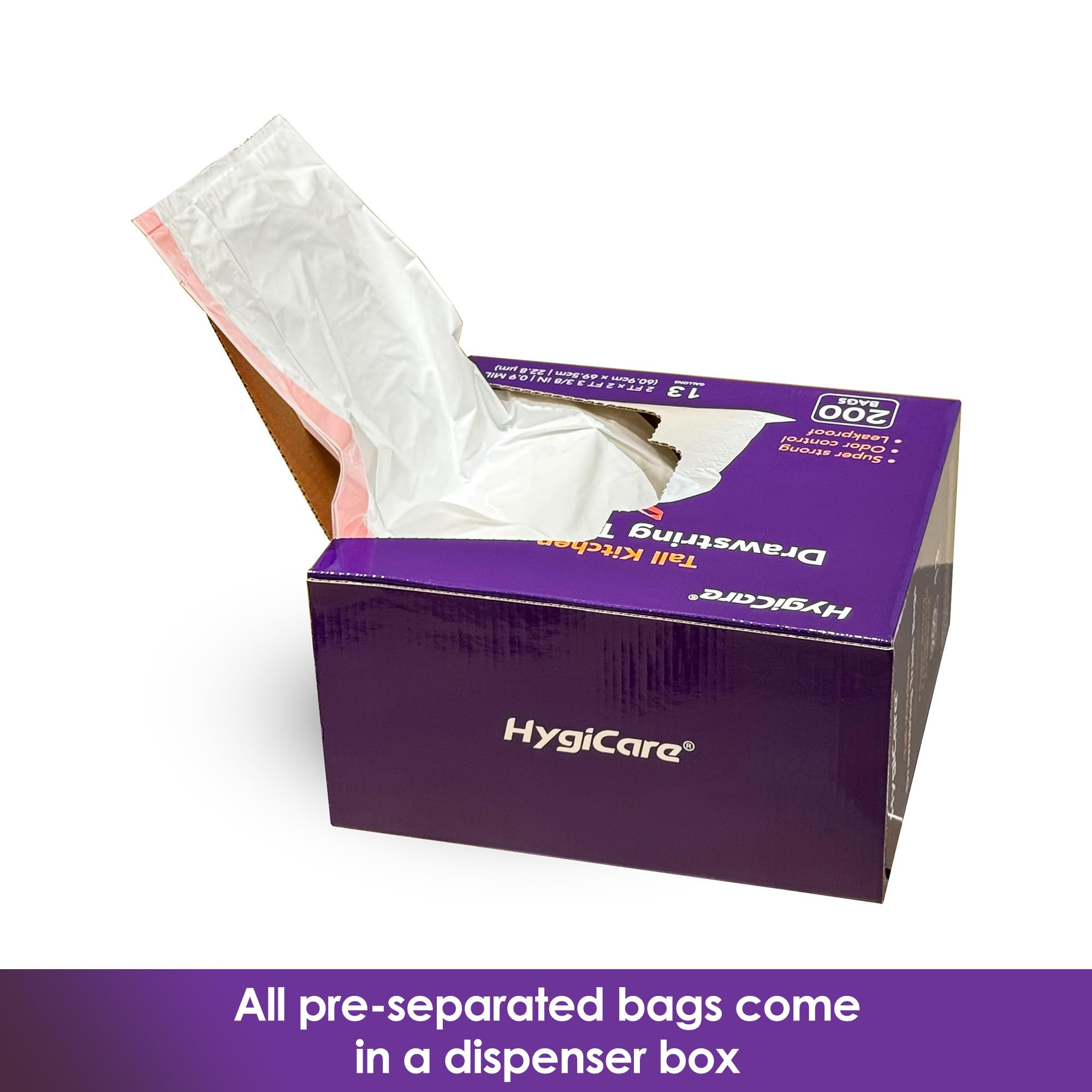 HygiCare Bolsa de basura de cocina alta de 13 galones, 200 unidades, resistente con cordón y control de olores de lavanda