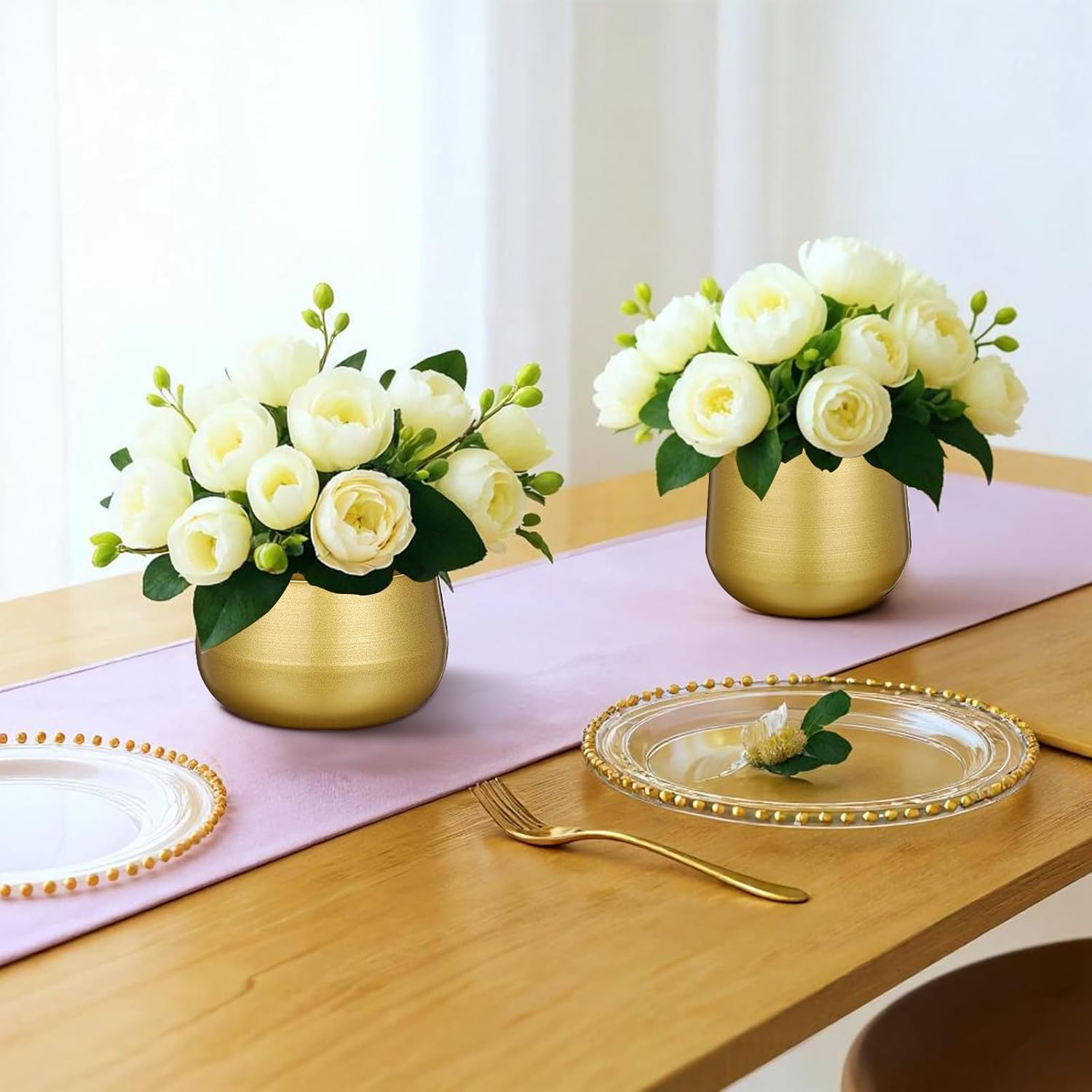 2 Pcs Plant Pot Gold Vase Metal Flower Pot Vase with Drainage Hole, Modern Storage Organizer Decorative Gifts for Wedding Indoor Outdoor Living Room Balcony Decoration Floor Display