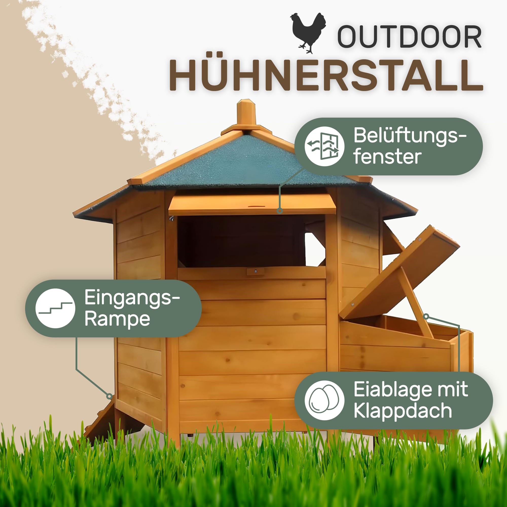 Melko Hühnerstall Hühnerhaus 6-Eck für 5-8 Hühner 131x125 cm Massivholz | mit Nistkasten, Rampe und Sitzstangen, wetterfeste Teerpappe, Dach aufklappbar zur Eientnahme, auch für Wachteln und Enten