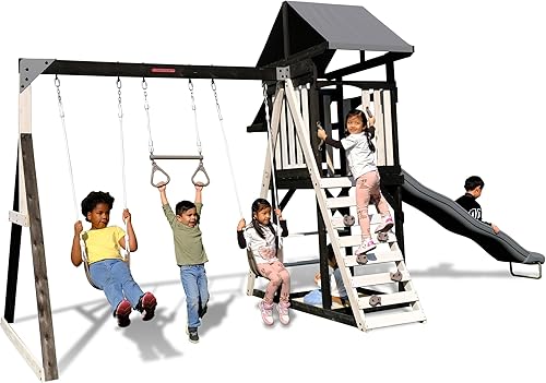 Miniatura 1 de Sportspower Roswell - Juego de columpios de madera juego fuerte, banco con mesa, caja de arena, trapecio y tobogán de 8 pies, negro, verde y blanco