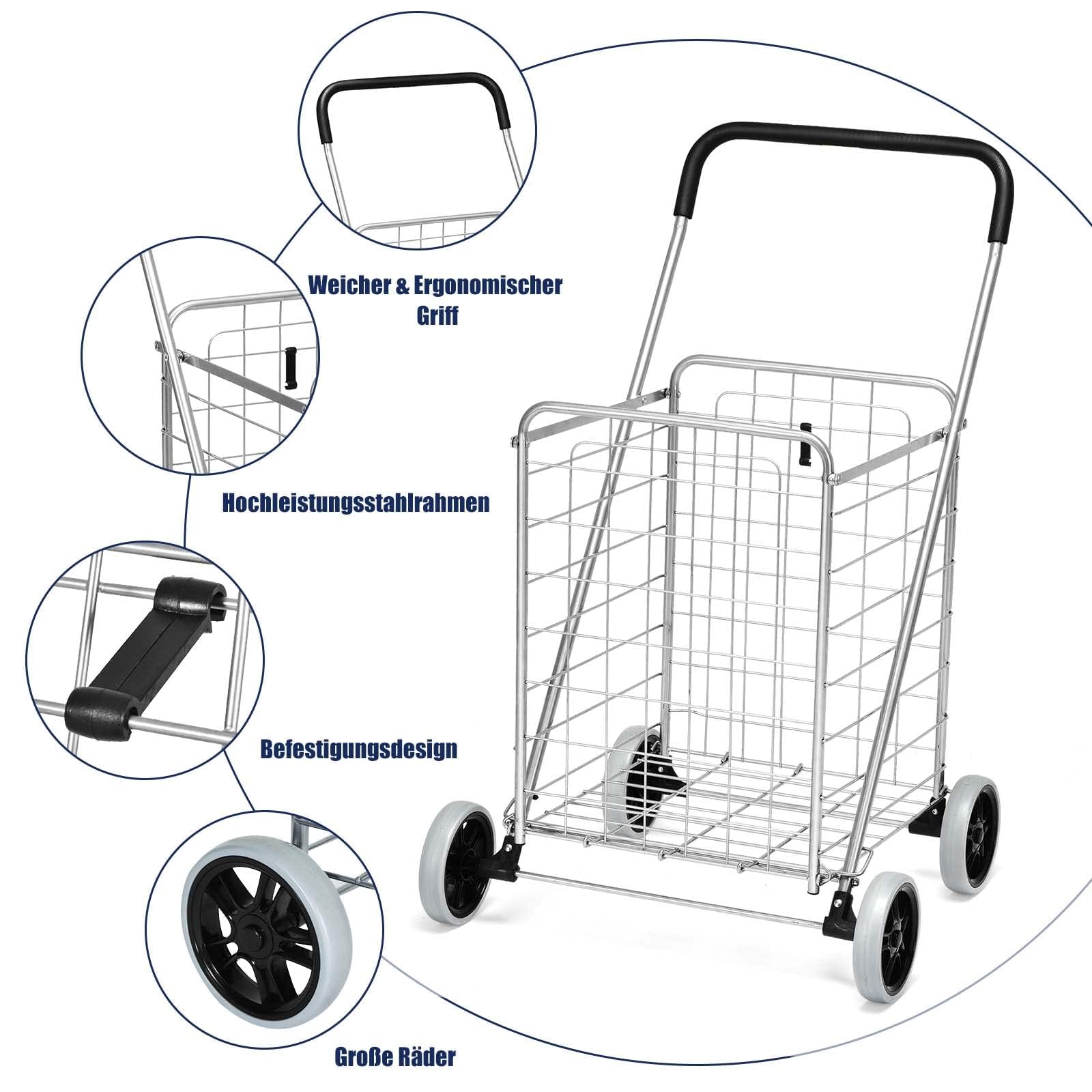 COSTWAY Klappbarer Einkaufstrolley, Einkaufswagen auf Rollen, 45 kg belastbar, 83L, Tragbarer Handwagen, Rollwagen Allzweckwagen für Wäsche, Einkaufen, Gepäck (Silber)