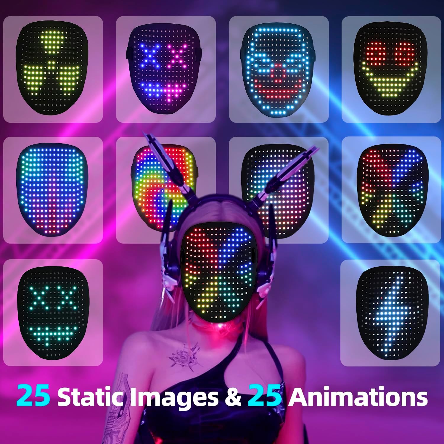 LED Mask with Gesture Sensing, Rechargeable Light Up Mask, Led Halloween Mask with 10H of Use, Cosplay Party LED Mask with Gesture Sensing, Rechargeable Light Up Mask, Led Halloween Mask with 10H of Use, Cosplay Party