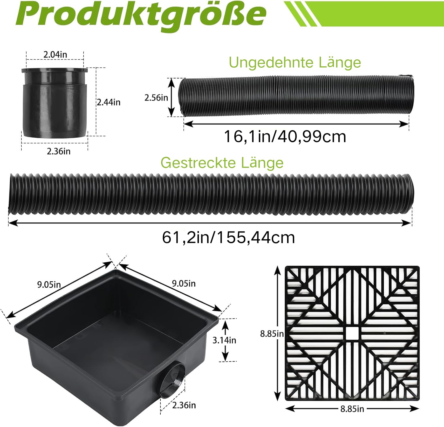 Drain de Gouttière, 23x23cm Regard Eau Pluviale avec 1,55m Flexible Pouces, Pluie Drain, Tuyau de Descente de Gouttière pour Pelouse, Ciment, Sol