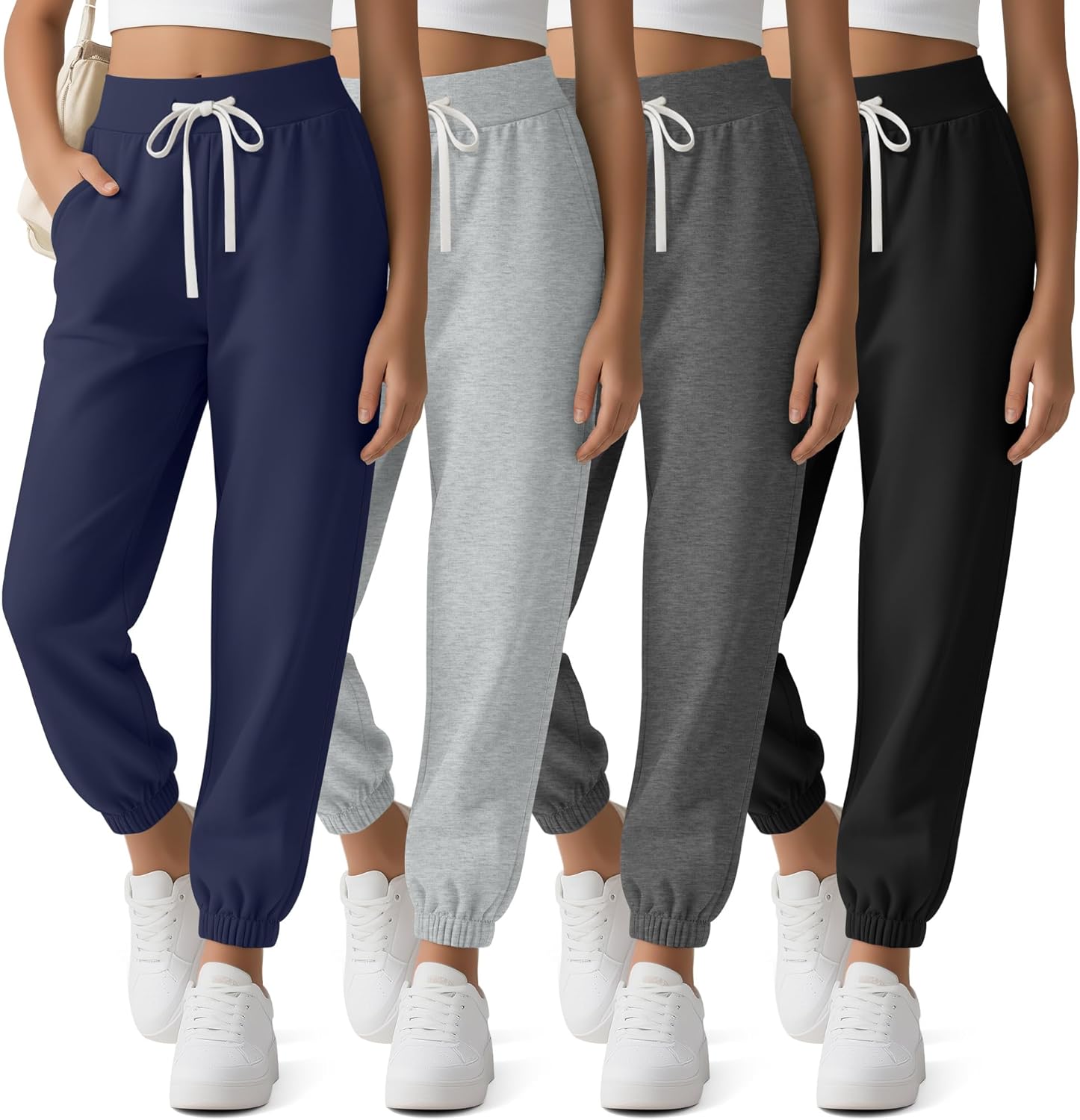 4 Pack Girls Sweatpants Jogger Drawstring for 5-16 Years Athletic Tapered Cuffs Casual Soft Pants with Pockets