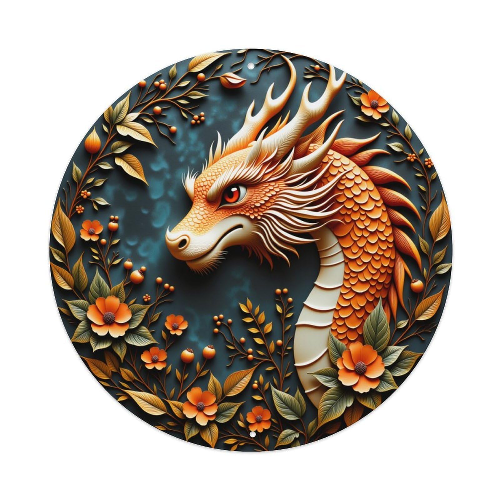 Dragon Floral Circular Art Design Vintage Metal Tin Sign Retro Wall Decor for Home Bar Garage Cafe, Indoor & Outdoor Decorative，circle Metal Poster, 8x8 Inch