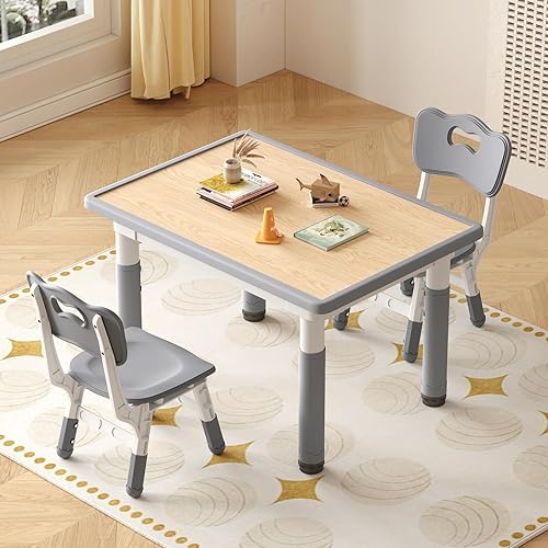 Kids Table and Chairs, Graffiti Desktop Toddler Chair and Table Set, Kids Table for Ages 3-8, 31.5''L x 23.6''W Childrens Table and Chair Set with 2 Seats, Max 300lbs, Grey
