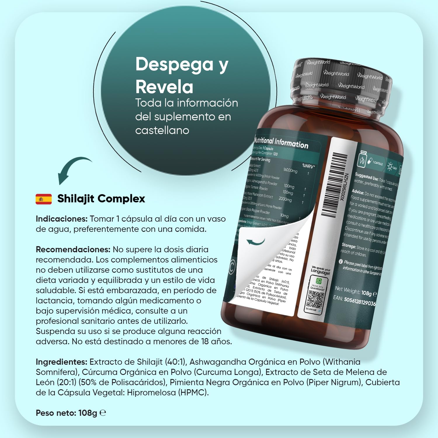 Shilajit Complex 18210mg, 120 Cápsulas, Con Ashwagandha, Melena de León y Cúrcuma - 16000mg de Shilajit en Polvo por Cápsula - 4 Meses de Suministro - Apto para Veganos, sin OGM