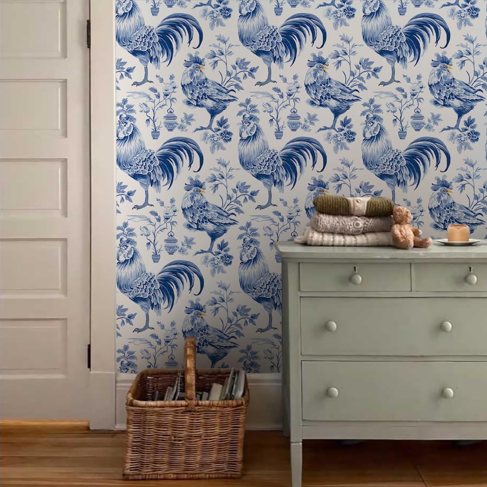 18"x236" Blue White Vintage Animals Rooster Peel and Stick Self Adhesive Wallpaper Removable Contact Paper Stick on Easy Peel Off Wall Paper for Kitchen Bedroom Bathroom Renter