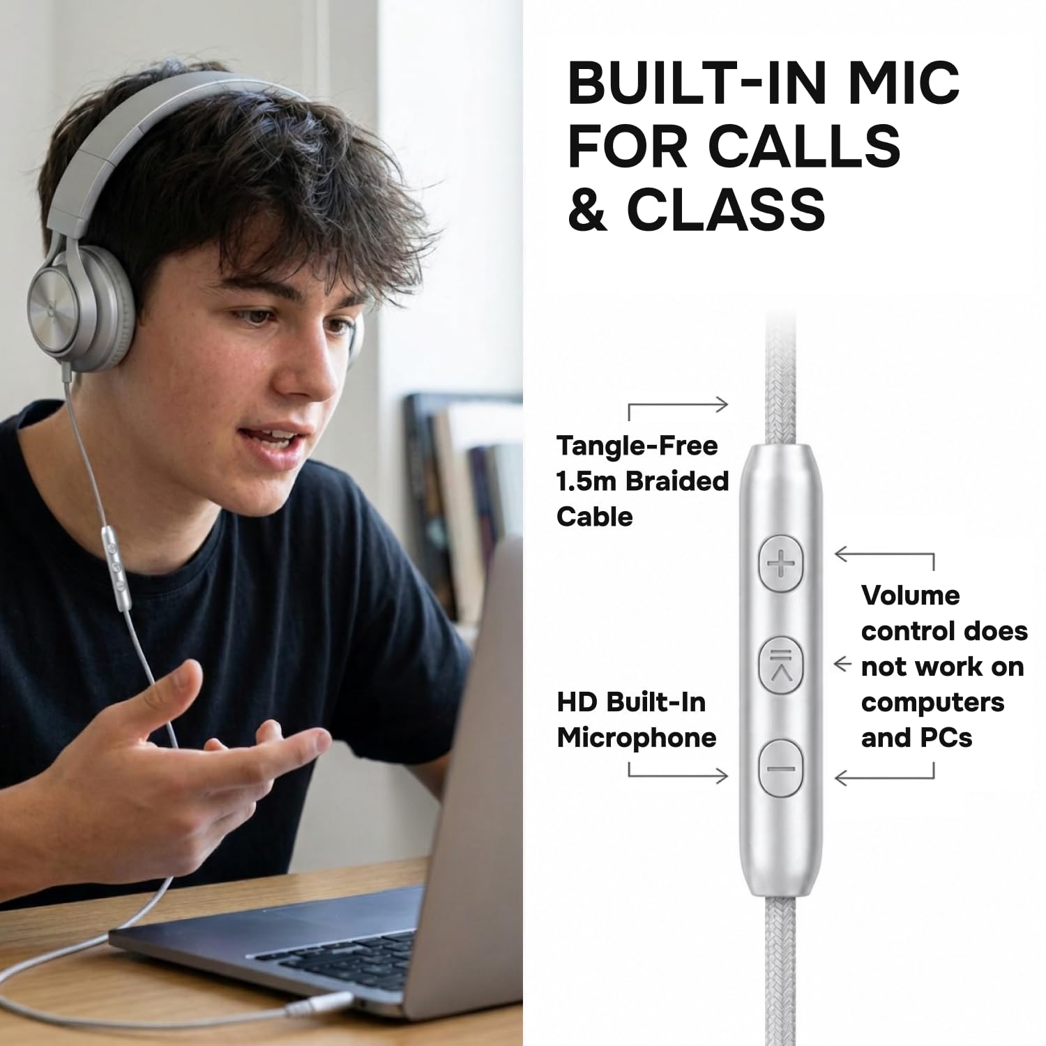 ARTIX CL750 Casque supra-auriculaire filaire avec micro et contrôle du volume — Casque supra-auriculaire filaire à isolation phonique avec microphone pour ordinateur portable et ordinateur, casque à