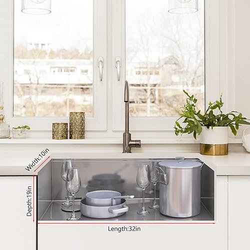 Miniatura 4 de IDEALHOUSE Fregadero de cocina  Fregadero de acero inoxidable de 32 pulgadas con accesorios  Fácil drenaje y bajo ruido  Acabado de níquel cepillado