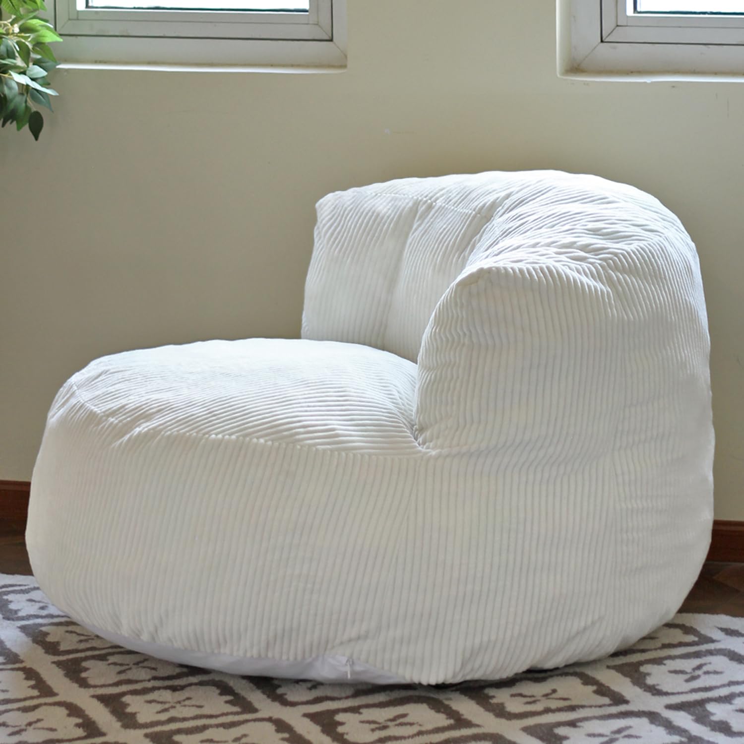 N&V Large Crescent Bean Bag Chair, Adult Size Bean Bag Sack, Foam Filling, Soft Premium Corduroy Bean Bag for Living Room Bedroom Dorm and Office (Ivory)