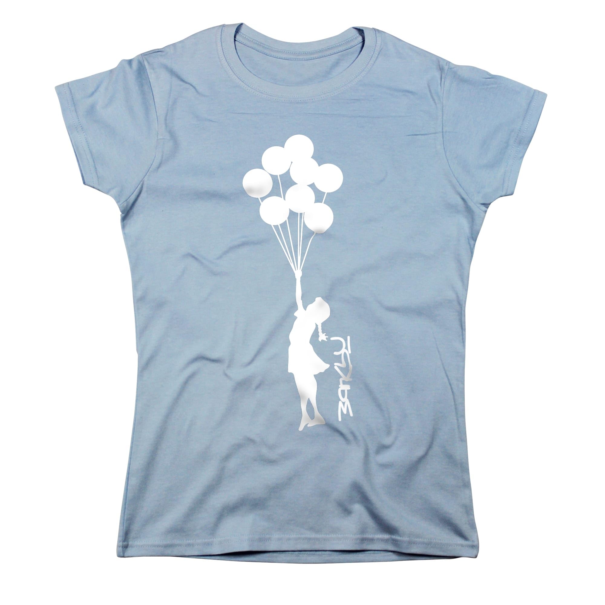 Nutees Banksy Girl with Balloons Graffiti Women T-Shirt (Light Blue), Medium